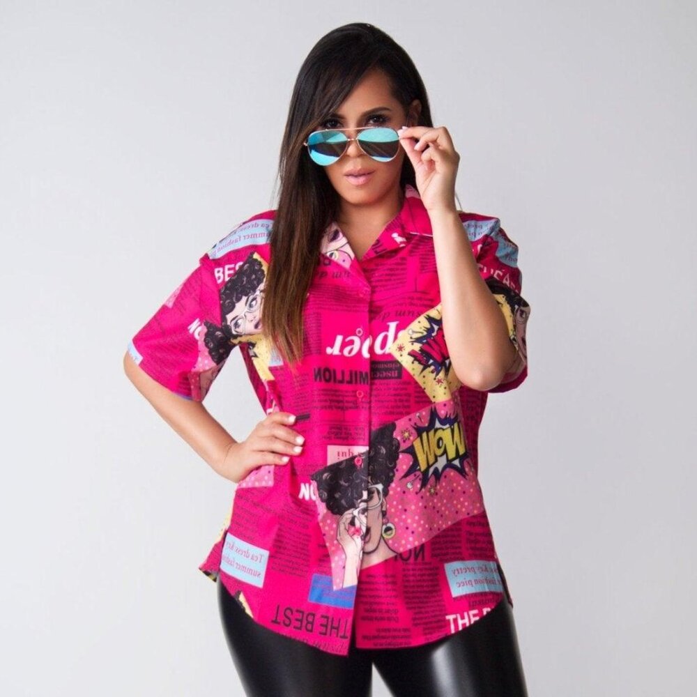 WOW COLORFUL CARICATURE NEWSPAPER SHORT SLEEVES SHIRT